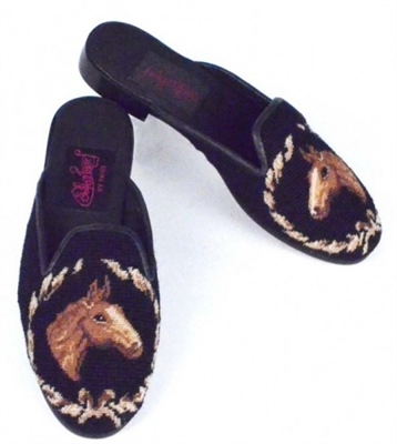ByPaige - Horse Head on Black Needlepoint Mule