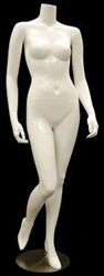 Headless Glossy White female mannequin with right leg bent with high heels