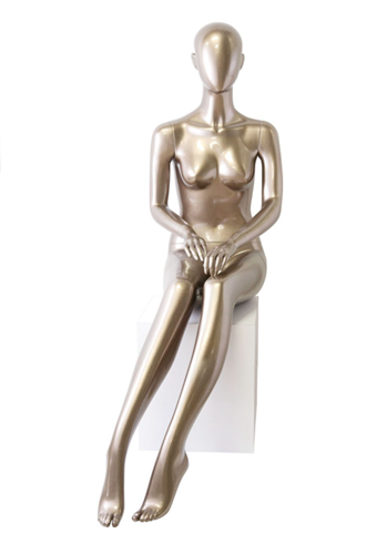 Abstract Head Female Mannequin Metallic Pewter - Seated Pose Hands in Lap