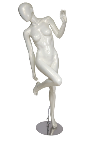 Abstract Head Female Mannequin Pearl White - Knee Bent Hand Up