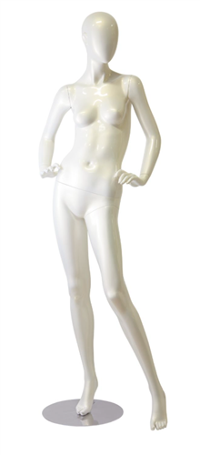 Abstract Head Female Mannequin Pearl White - Hands on Hips Leg Out