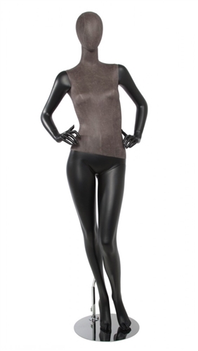 Matte Black Mixed Fabric Female Mannequin Distressed Leatherette with Removable Head