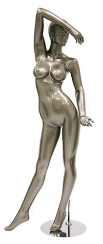 Metallic Pewter Retro Abstract Female Mannequin - Right Arm Overhead