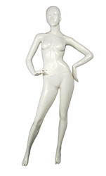 Modish Unbreakable Glossy Pearl White Female Abstract Mannequin with Molded Hair and Hands on Hips