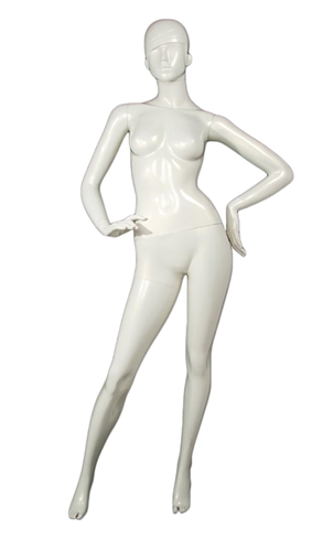 Modish Unbreakable Glossy Pearl White Female Abstract Mannequin with Molded Hair and Hands on Hips