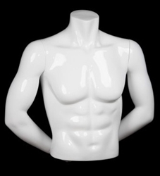 HEADLESS MALE GLOSSY WHITE FREESTANDING 1/2 TORSO FORM WITH ARMS