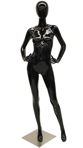 Glossy Black Female Mannequin with her hands on her hips. She has an abstract egghead.