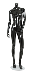 Female Mannequin Glossy Black Headless Changeable Heads - Left Leg Bent