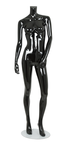 Female Mannequin Glossy Black Headless Changeable Heads - Left Leg Bent