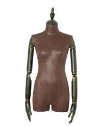 Brown Leatherette 3/4 Torso Female Body Display Form with Posable Wood Arms