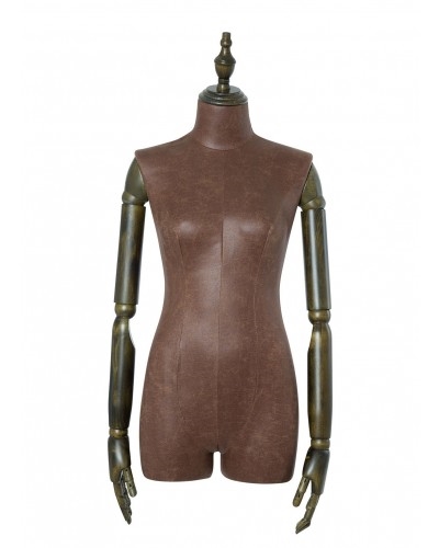 Brown Leatherette 3/4 Torso Female Body Display Form with Posable Wood Arms