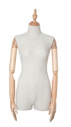 Mixed Fabric Linen 3/4 Torso Female Body Display Form with Posable Wood Arms