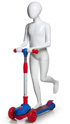 Glossy White Egghead Kid Mannequin - Scooter Riding Pose