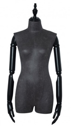 Black Leatherette 3/4 Torso Female Body Display Form with Posable Wood Arms