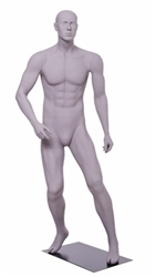 Matte Grey Male Mannequin with Athletic Build.  This mannequin has his arms at his sides in a strong, athletic pose.  Made of fiberglass.