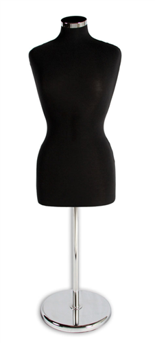 Black Female Dress Form with Chrome Base and Neckcap