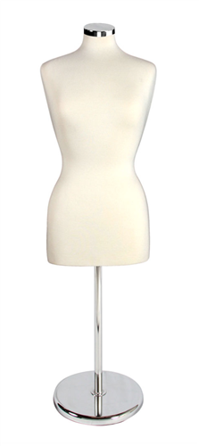 Cream Female Dress Form with Chrome Base and Neckcap