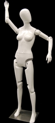 Fully posable female mannequin in white with an egghead. She can sit or stand for maximum flexibility in your displays.
