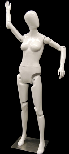 Fully posable female mannequin in white with an egghead. She can sit or stand for maximum flexibility in your displays.