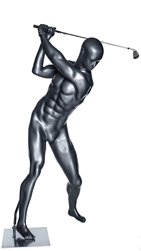 Glossy Gray Male Swinging Golfer Sport Mannequin