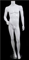 Male Mannequin Glossy White Headless Changeable Heads - Right Leg Out