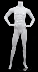 Male Mannequin Glossy White Headless Changeable Heads - Hands on Hips