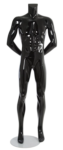 Male Mannequin Glossy Black Headless Changeable Heads - Hands Behind Back