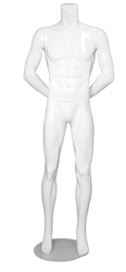 Male Mannequin Glossy White Headless Changeable Heads - Hands Behind Back