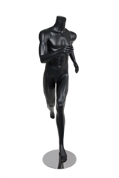 Matte black Headless Male Mannequin.  Athletic form great for displaying activewear. He's running in a jogging.