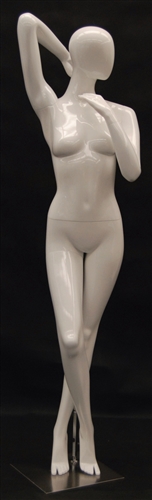 Glossy White Female Mannequin Posed with One Arm Behind Her Head from www.zingdisplay.com