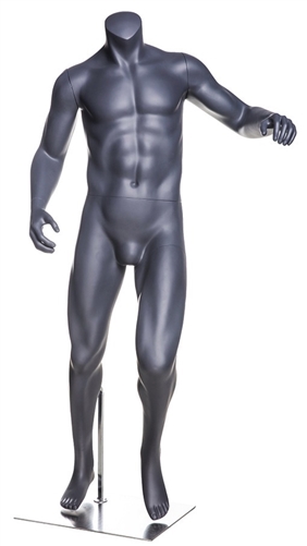 Headless Matte Gray Soccer Mannequin Kicking Pose.  This mannequin is in a dramatic pose, diving for the ball.  Made of fiberglass.