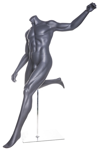 Headless Matte Gray Soccer Mannequin Kicking Pose.  This mannequin is in a dramatic pose, diving for the ball.  Made of fiberglass.