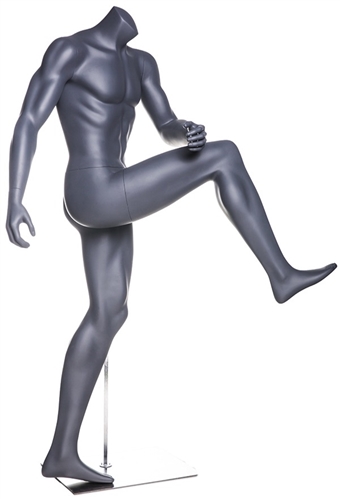 Headless Matte Gray Soccer Mannequin High Kick.  This mannequin is in a dramatic pose, diving for the ball.  Made of fiberglass.