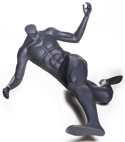 Headless Matte Gray Soccer Mannequin Lying Kick.  This mannequin is in a dramatic pose, diving for the ball.  Made of fiberglass.
