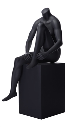 Matte Grey Headless Female Mannequin.  Athletic form great for displaying activewear. She is sitting on a stool, tying her shoes.
