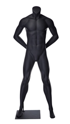 Matte Grey Headless Grey Male Mannequin.  Athletic form great for displaying activewear. He's standing in a strong straight on pose with his arms behind his back.