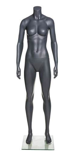 Matte Grey Headless Grey Female Mannequin.  Athletic form great for displaying activewear. She's standing in a sassy pose with her arms at her sides.