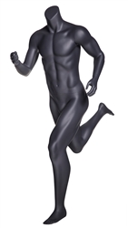 Matte Grey Headless Grey Male Mannequin.  Athletic form great for displaying activewear. He's running in a jogging.