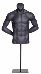 Male Torso in Matte Black.  He is headless with his hands behind his back.  Comes with a square metal base.