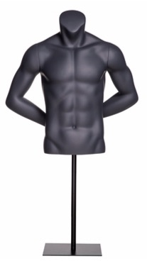 Male Torso in Matte Black.  He is headless with his hands behind his back.  Comes with a square metal base.