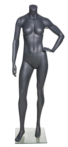 Matte Grey Headless Grey Female Mannequin.  Athletic form great for displaying activewear. She's standing in a sassy pose with her arms at her sides.