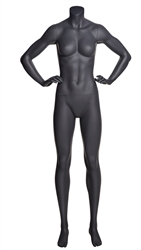Matte Grey Headless Grey Female Mannequin.  Athletic form great for displaying activewear. Hands on hips in strong straight on pose