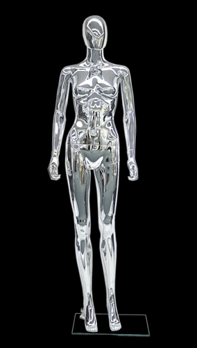 Unbreakable Plastic Female Egghead Mannequin in Glossy Chrome from Zing Display.