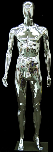 Unbreakable Male Egghead Mannequin in Glossy Chrome. Constructed of durable plastic.