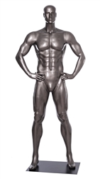 Glossy Grey Male Mannequin with Athletic Build.  This mannequin has his hands on his hips in a strong, athletic pose.  Made of fiberglass.