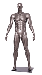Glossy Grey Male Mannequin with Athletic Build.  This mannequin has his arms at his sides in a strong, athletic pose.  Made of fiberglass.