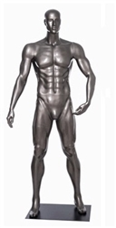 Glossy Grey Male Mannequin with Athletic Build.  This mannequin has his left hand bent to hold the ball of your choice in a strong, athletic pose.  Made of fiberglass.