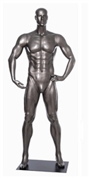 Glossy Grey Male Mannequin with Athletic Build.  This mannequin has his right hand bent to hold the ball of your choice in a strong, athletic pose.  Made of fiberglass.