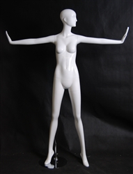 Glossy White Female Mannequin with Abstract Head and Outstretched Arms