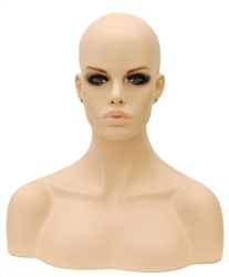 Fleshtone Display Female Head Full Makeup w/ Shoulders. Nice counter top head display for jewelry, hats or wigs